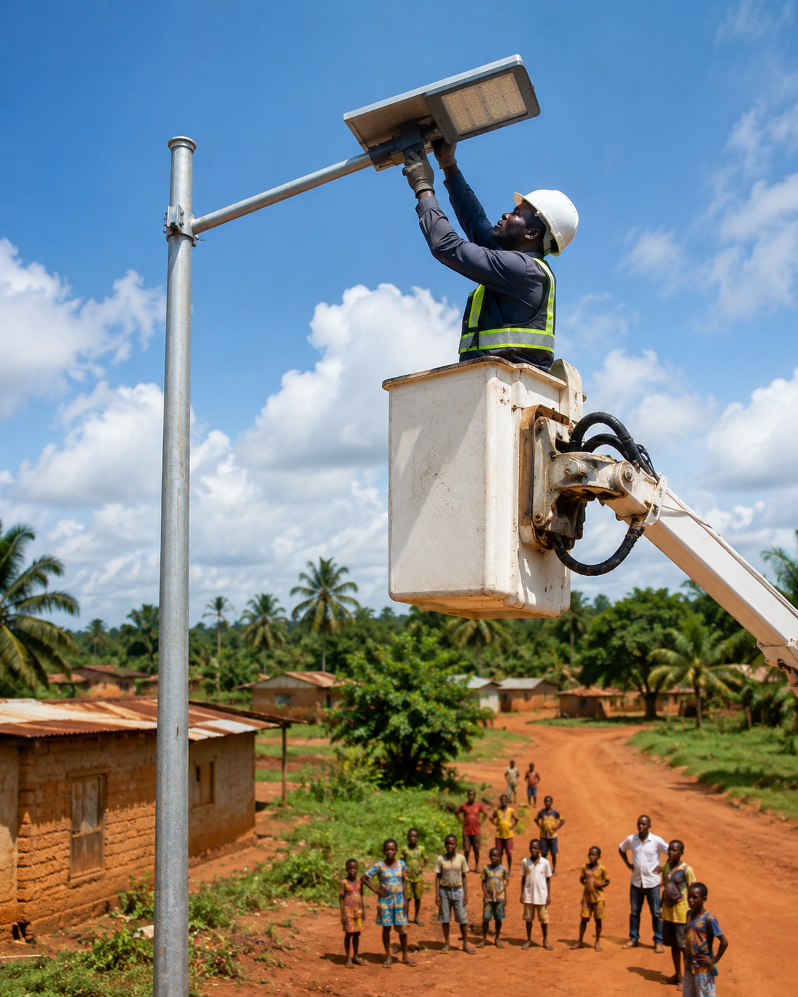 Installation d'un lampadaire solaire en nacelle